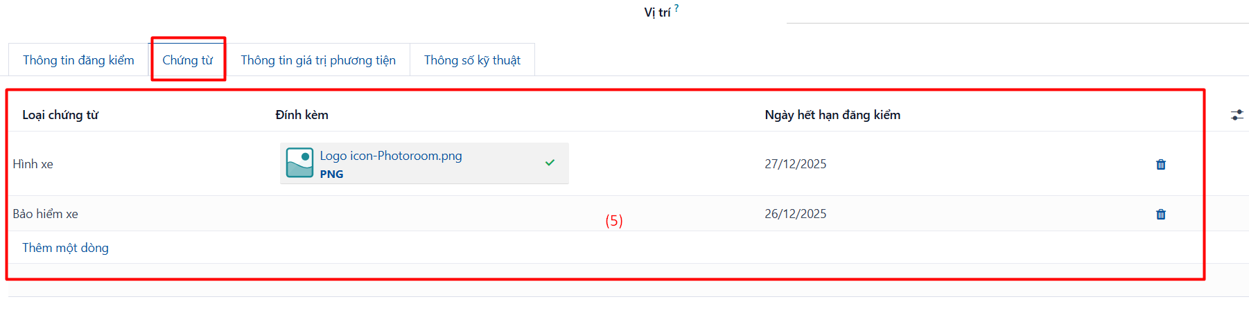 Form thông tin chứng từ xe