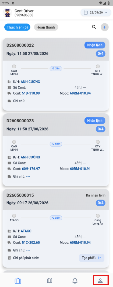 Menu Quản lý tài khoản