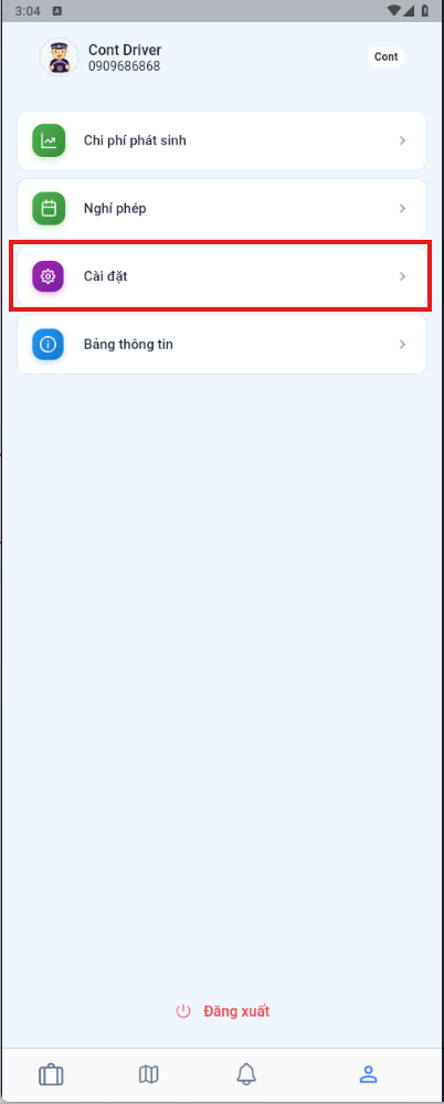 Account settings screen