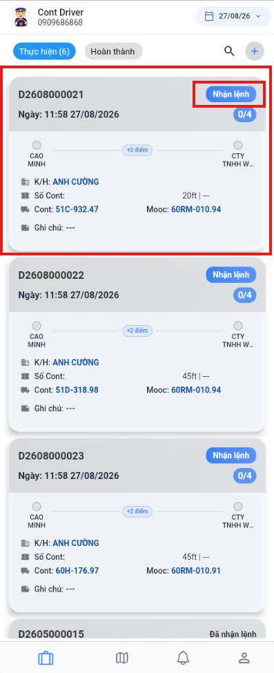 List showing a new dispatch order awaiting confirmation