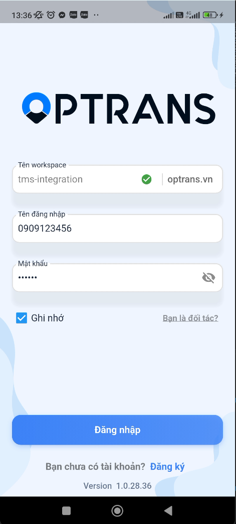 Screen for entering the workspace and sign-in details