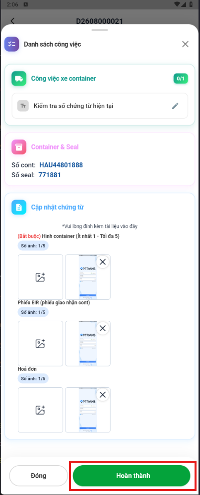 Complete button on a task