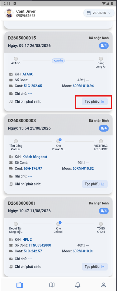 Mở chức năng tạo chi phí