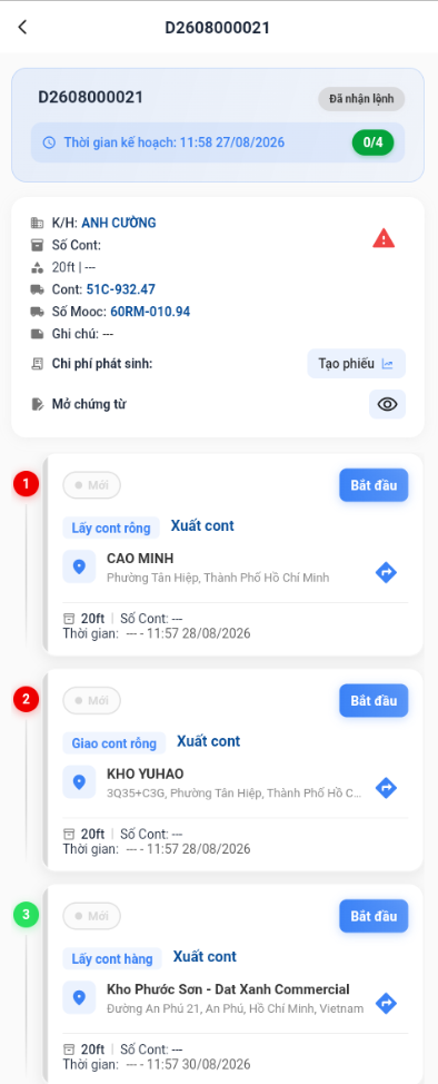Chi tiết lệnh và danh sách công việc