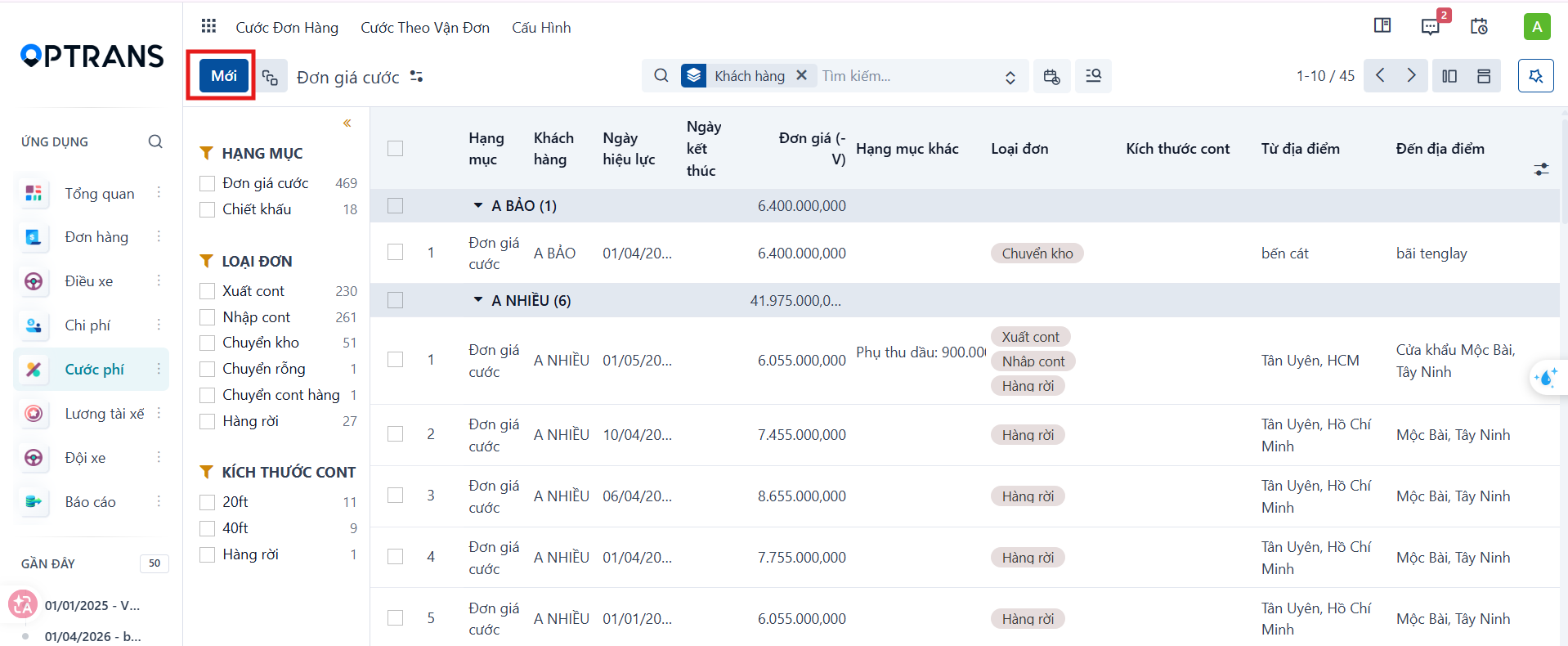 New button on the Freight rates list