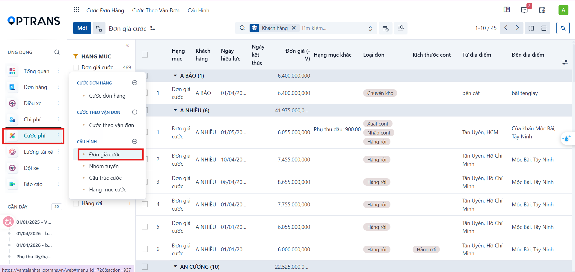 Freight charges menu with Freight rates open