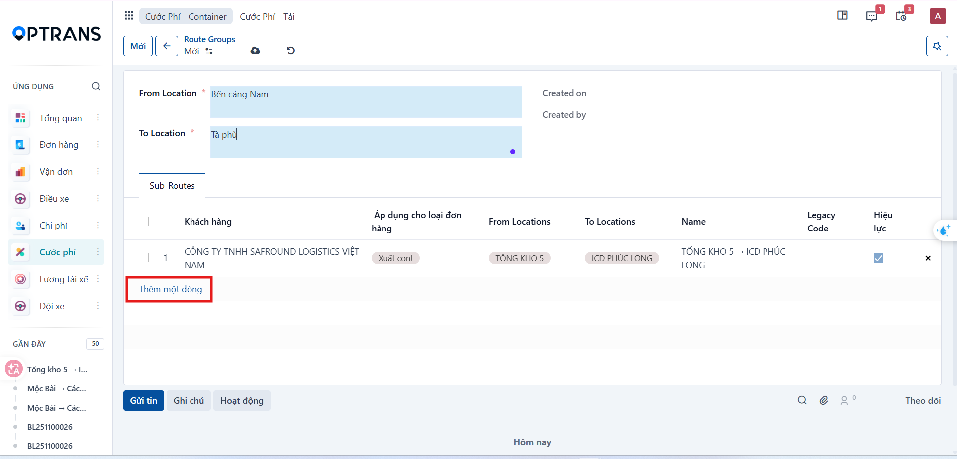 Add a line link on the Sub-Routes tab