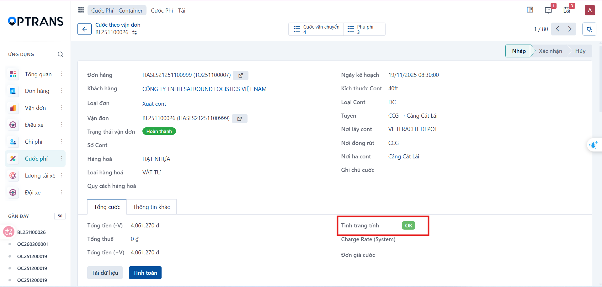 Waybill charge calculation result and status