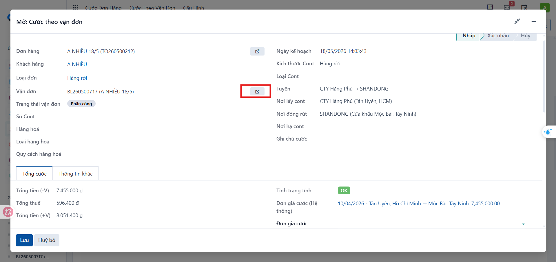 Mở vận đơn liên quan từ popup cước theo vận đơn
